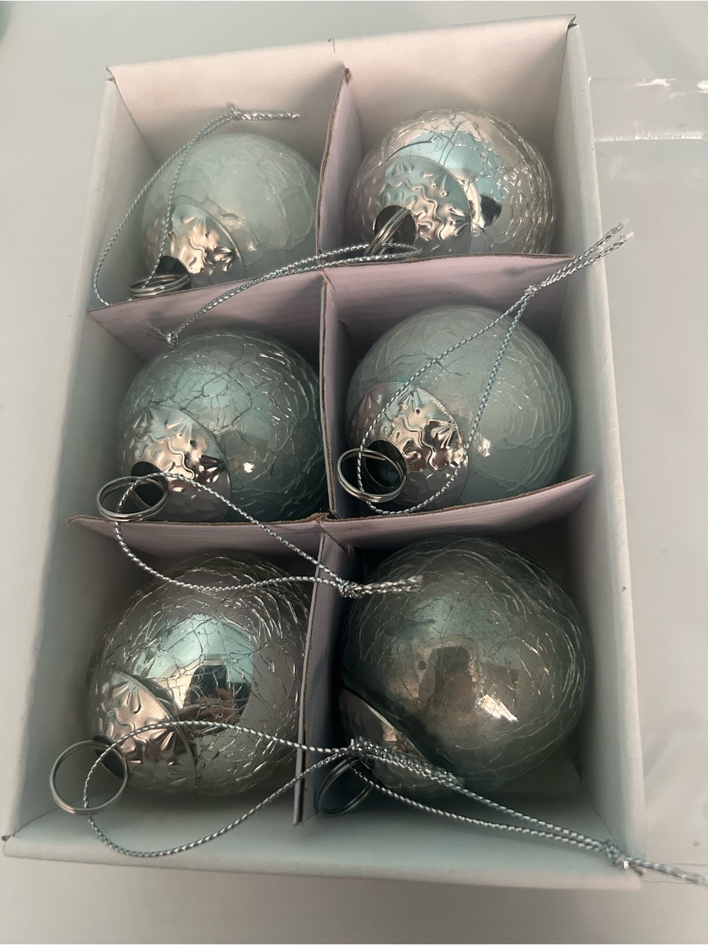 Silver Crackle Glass Holiday Ornaments - Set of 6